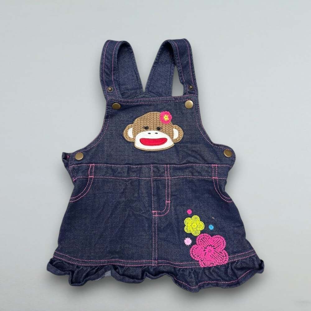 Baby Girls Denim Overall Jumper Dress Sock Monkey Floral Ruffle 18 Months